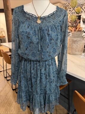 Staring at Stars Blue Paisley Smocked-Neck Ruffled 👗 Spring and Summer Dress XS